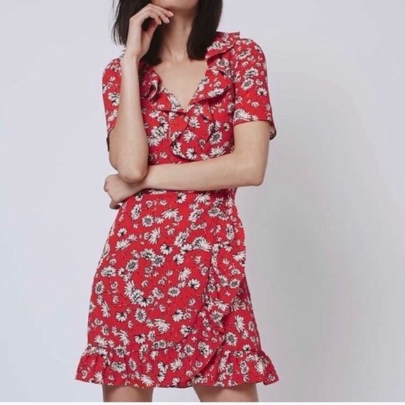 white wrap dress with red flowers